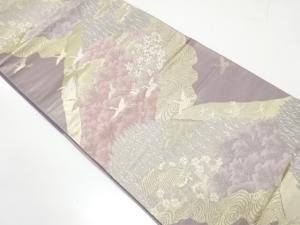 アンティーク　遠山に群鶴・寺院模様織り出し袋帯（着用可）